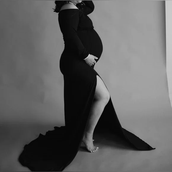 Momyknows Side Slit Off Shoulder Bodycon Maternity Maxi Dress - Picture 3 of 5
